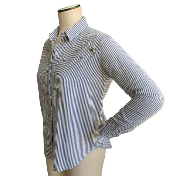 Rails "Taylor Florence Stripe Button Front Studded Pearls" XS Gray White #50L - Picture 4 of 11